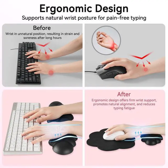 Alt view image 3 of 7 - Cloud Wrist Rest for Computer Keyboard, 4-in-1 Memory Foam Leather Cloud Keyboard Wrist Rest and Mouse Pad Set with Ergonomic Support for Arm and Palm Cushion, Gaming/Work Setup, Black