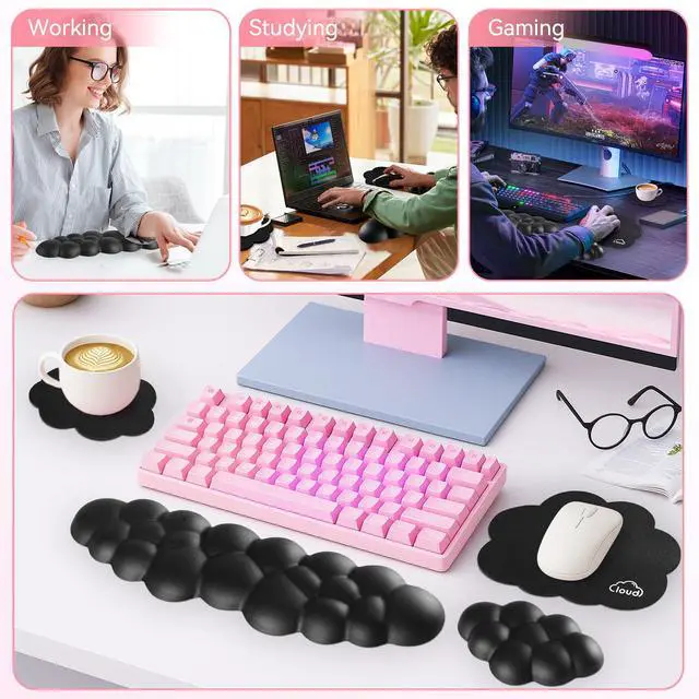 Alt view image 6 of 7 - Cloud Wrist Rest for Computer Keyboard, 4-in-1 Memory Foam Leather Cloud Keyboard Wrist Rest and Mouse Pad Set with Ergonomic Support for Arm and Palm Cushion, Gaming/Work Setup, Black