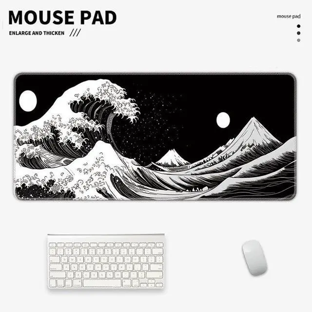 Alt view image 2 of 4 - Japanese Sea Wave Gaming Mouse Pad, Anime Gaming Mousepad, Extended Kanagawa Mat Desk Mat, Large Desk pad 31.5x11.8 Inch 2mm Thick Long Non-Slip Rubber Base Mouse Pads (Black White)