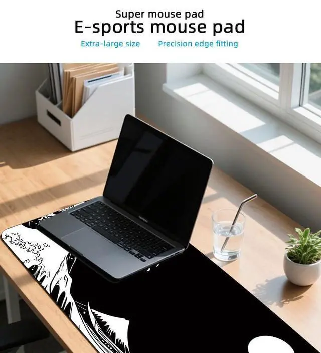 Alt view image 3 of 4 - Japanese Sea Wave Gaming Mouse Pad, Anime Gaming Mousepad, Extended Kanagawa Mat Desk Mat, Large Desk pad 31.5x11.8 Inch 2mm Thick Long Non-Slip Rubber Base Mouse Pads (Black White)