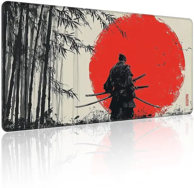 Main image of Waterproof Large Gaming Mouse Pad 31.5x15.7 Inch, XXL Mousepad with Non-Slip Rubber Base & Stitched Edges, Extended Desk Mat for Computer/Laptop/Office,Japanese Samurai Red Sun