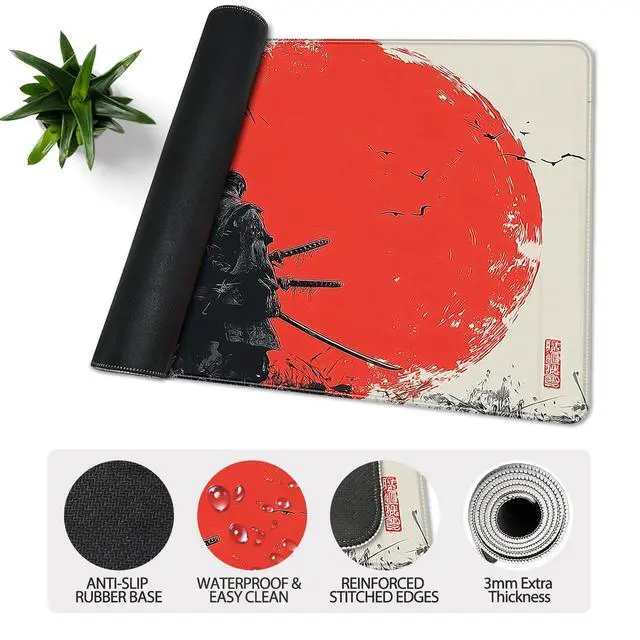 Alt view image 5 of 7 - Waterproof Large Gaming Mouse Pad 31.5x15.7 Inch, XXL Mousepad with Non-Slip Rubber Base & Stitched Edges, Extended Desk Mat for Computer/Laptop/Office,Japanese Samurai Red Sun