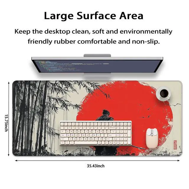Alt view image 2 of 7 - Waterproof Large Gaming Mouse Pad 31.5x15.7 Inch, XXL Mousepad with Non-Slip Rubber Base & Stitched Edges, Extended Desk Mat for Computer/Laptop/Office,Japanese Samurai Red Sun
