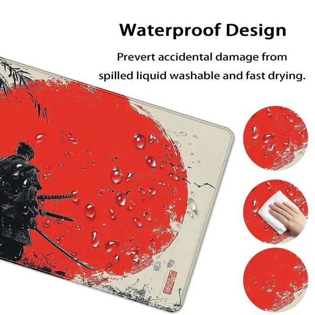 Alt view image 4 of 7 - Waterproof Large Gaming Mouse Pad 31.5x15.7 Inch, XXL Mousepad with Non-Slip Rubber Base & Stitched Edges, Extended Desk Mat for Computer/Laptop/Office,Japanese Samurai Red Sun