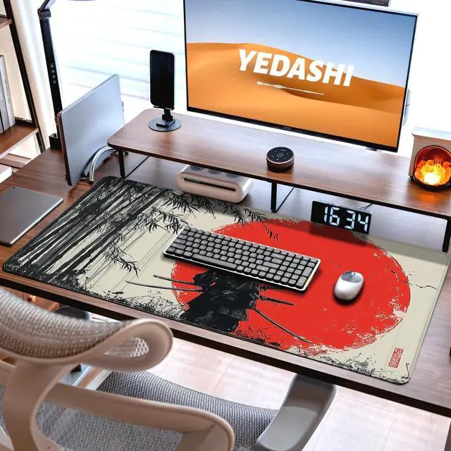 Alt view image 6 of 7 - Waterproof Large Gaming Mouse Pad 31.5x15.7 Inch, XXL Mousepad with Non-Slip Rubber Base & Stitched Edges, Extended Desk Mat for Computer/Laptop/Office,Japanese Samurai Red Sun