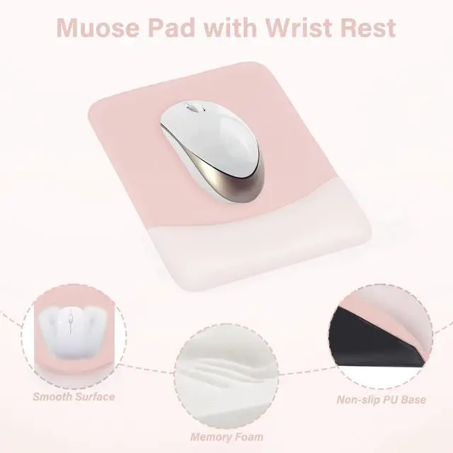 Alt view image 3 of 7 - Wrist Rest Support for Mouse Pad&Keyboard Set, Rectangular Ergonomic Mousepad Non-Slip Base Home/Office Pain Relief&Easy Typing Pad with Neoprene Cloth&Raised Silicone Lining, Baby Pink