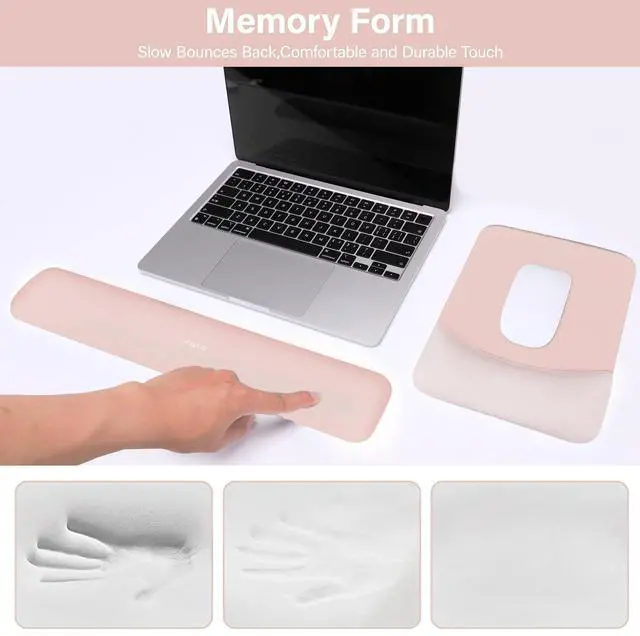 Alt view image 4 of 7 - Wrist Rest Support for Mouse Pad&Keyboard Set, Rectangular Ergonomic Mousepad Non-Slip Base Home/Office Pain Relief&Easy Typing Pad with Neoprene Cloth&Raised Silicone Lining, Baby Pink