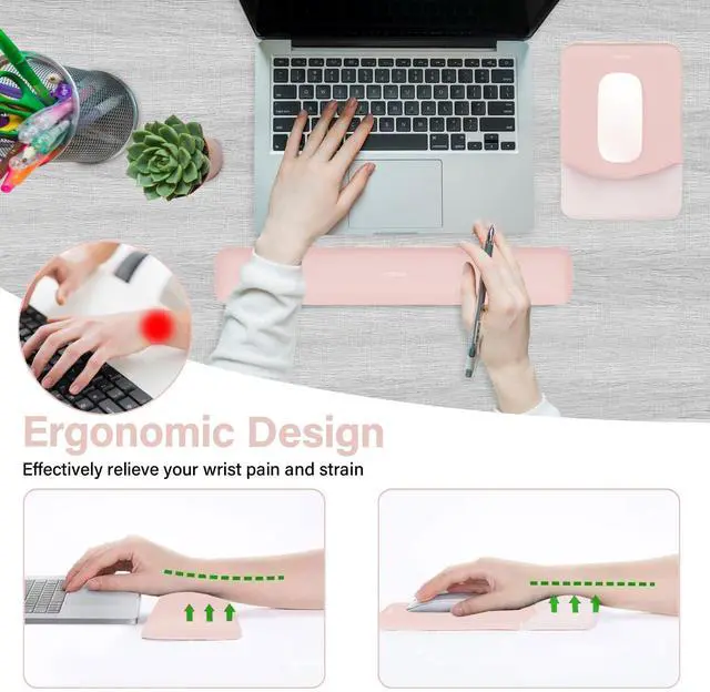 Alt view image 2 of 7 - Wrist Rest Support for Mouse Pad&Keyboard Set, Rectangular Ergonomic Mousepad Non-Slip Base Home/Office Pain Relief&Easy Typing Pad with Neoprene Cloth&Raised Silicone Lining, Baby Pink