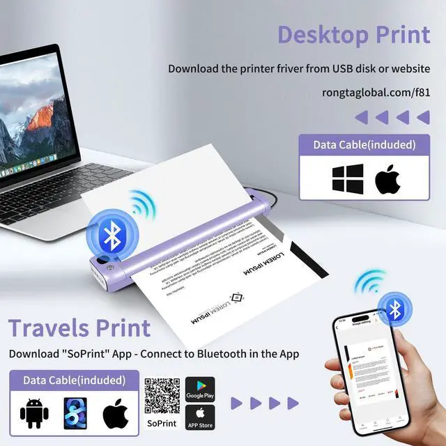 Alt view image 2 of 7 - Portable Printer, Bluetooth Inkless Thermal Printer Wireless for Travel, Compatible with Android iOS Phone & Laptop, Supports 8.5" X 11" US Letter for Office, Home, Car, F81 (Purple)