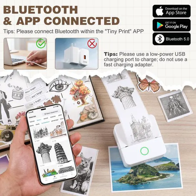 Alt view image 2 of 7 - Print Pods Mini Printer, Sticker Printer with 10 Rolls Thermal Printing Paper, Inkless Pocket Printpod for Phone, Impresora Portátil for Notes, DIY, Compatible with iOS & Android (White)