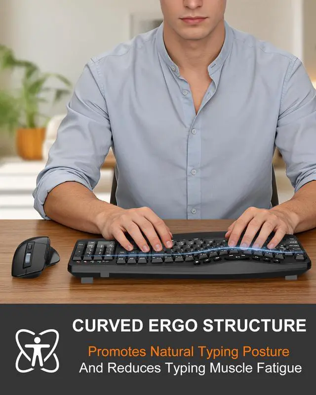 Alt view image 2 of 7 - Ergonomic Wireless Keyboard and Mouse Combo, 2.4GHz Full Size Wave Keys Computer Keyboard with Wrist Rest for Natural Typing, Silent 6 Button USB Mouse for Laptop PC Windows Mac
