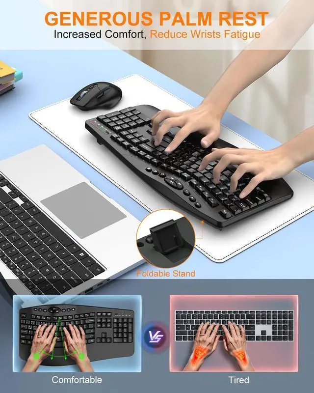 Alt view image 3 of 7 - Ergonomic Wireless Keyboard and Mouse Combo, 2.4GHz Full Size Wave Keys Computer Keyboard with Wrist Rest for Natural Typing, Silent 6 Button USB Mouse for Laptop PC Windows Mac