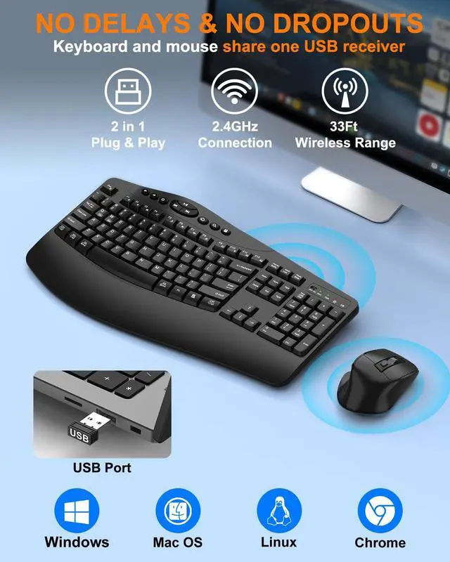 Alt view image 6 of 7 - Ergonomic Wireless Keyboard and Mouse Combo, 2.4GHz Full Size Wave Keys Computer Keyboard with Wrist Rest for Natural Typing, Silent 6 Button USB Mouse for Laptop PC Windows Mac