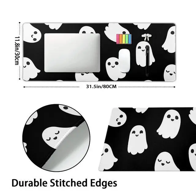 Alt view image 2 of 7 - Halloween Cute Ghost Mouse Pad Kawaii Cartoon Spooky Funny Spirit Extended Desk Mat Non-Slip Rubber Base Stitched Edge Large XL Black White Mousepad for Desk Gaming Laptop Desktop,31.5×11.8 Inch