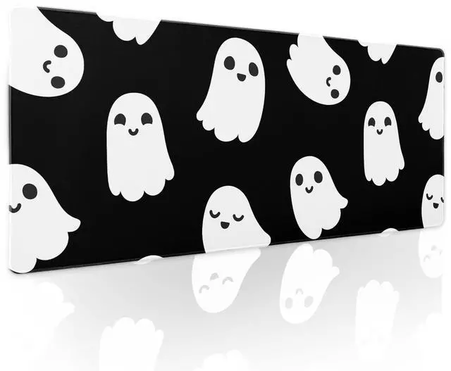 Main image of Halloween Cute Ghost Mouse Pad Kawaii Cartoon Spooky Funny Spirit Extended Desk Mat Non-Slip Rubber Base Stitched Edge Large XL Black White Mousepad for Desk Gaming Laptop Desktop,31.5×11.8 Inch