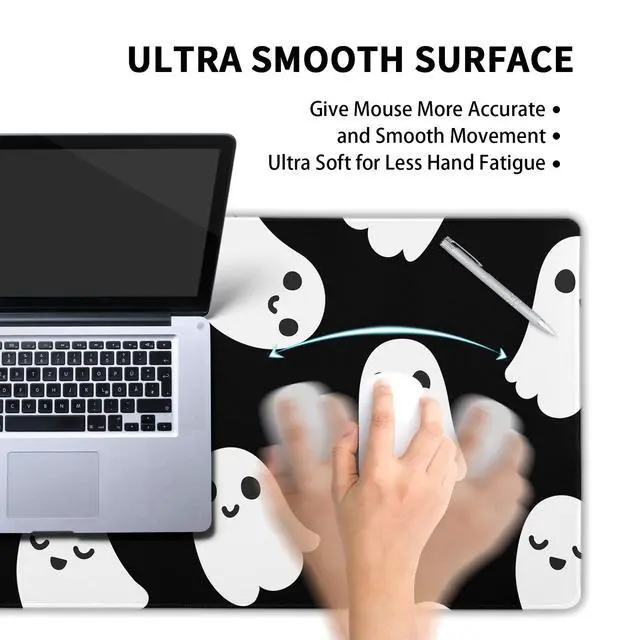 Alt view image 4 of 7 - Halloween Cute Ghost Mouse Pad Kawaii Cartoon Spooky Funny Spirit Extended Desk Mat Non-Slip Rubber Base Stitched Edge Large XL Black White Mousepad for Desk Gaming Laptop Desktop,31.5×11.8 Inch