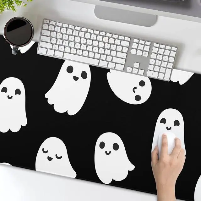 Alt view image 5 of 7 - Halloween Cute Ghost Mouse Pad Kawaii Cartoon Spooky Funny Spirit Extended Desk Mat Non-Slip Rubber Base Stitched Edge Large XL Black White Mousepad for Desk Gaming Laptop Desktop,31.5×11.8 Inch