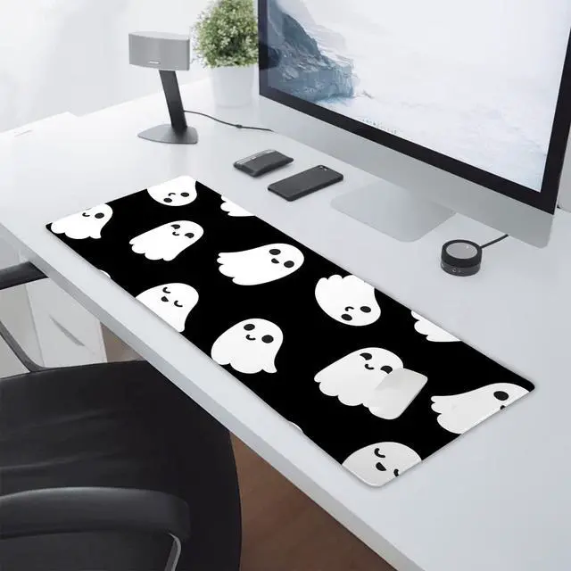 Alt view image 6 of 7 - Halloween Cute Ghost Mouse Pad Kawaii Cartoon Spooky Funny Spirit Extended Desk Mat Non-Slip Rubber Base Stitched Edge Large XL Black White Mousepad for Desk Gaming Laptop Desktop,31.5×11.8 Inch