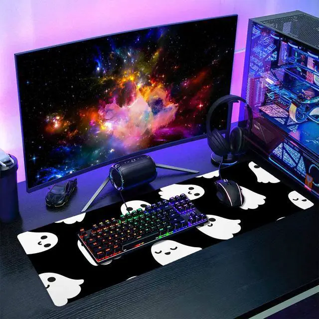 Alt view image 7 of 7 - Halloween Cute Ghost Mouse Pad Kawaii Cartoon Spooky Funny Spirit Extended Desk Mat Non-Slip Rubber Base Stitched Edge Large XL Black White Mousepad for Desk Gaming Laptop Desktop,31.5×11.8 Inch