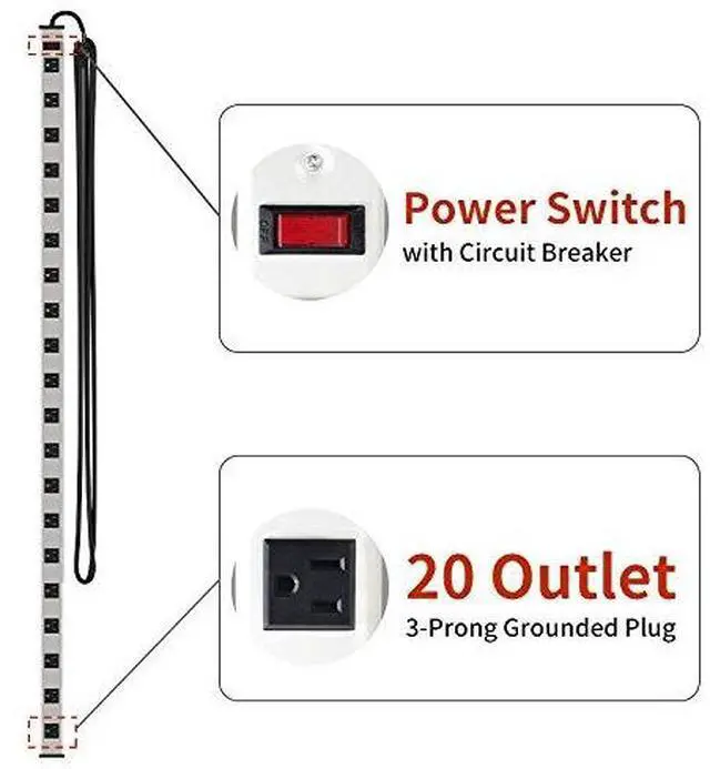 Alt view image 3 of 6 - 20 Outlet Heavy Duty Metal Socket Power Strip,15-Foot Long Extension Cord with Circuit Breaker. Mounting Brackets Included,Workshop/Industrial use,ETL Certified