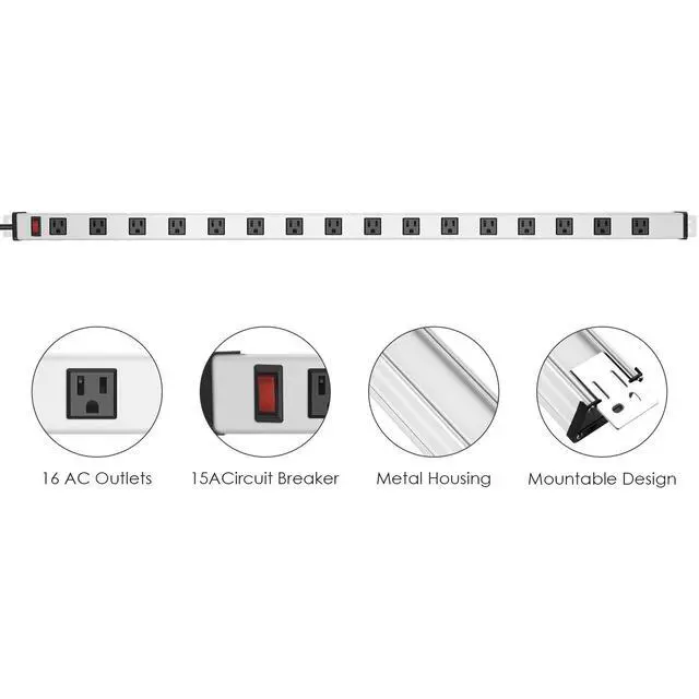 Alt view image 2 of 7 - Long Metal 16 Outlet Power Strip, Wide Spaced Garage Industrial Heavy Duty Power Strip with 15 FT Cord 15A, 125V, 1875W-Silver