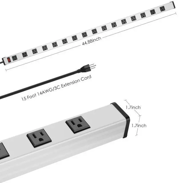 Alt view image 3 of 7 - Long Metal 16 Outlet Power Strip, Wide Spaced Garage Industrial Heavy Duty Power Strip with 15 FT Cord 15A, 125V, 1875W-Silver