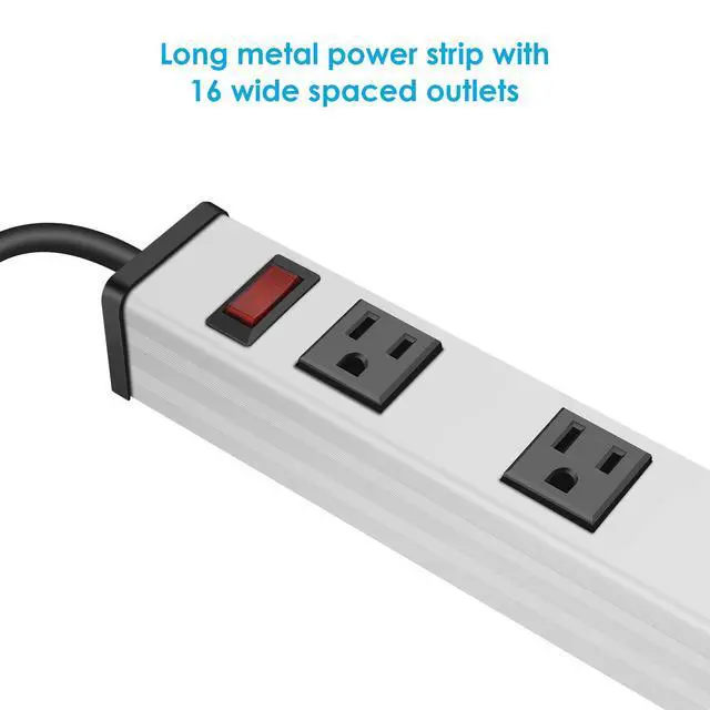 Alt view image 5 of 7 - Long Metal 16 Outlet Power Strip, Wide Spaced Garage Industrial Heavy Duty Power Strip with 15 FT Cord 15A, 125V, 1875W-Silver