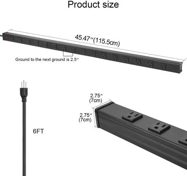 Alt view image 2 of 7 - Long Heavy Duty Metal Power Strip, 16 Outlet Large Industrial Multi Wide Strip for Garage Workshop, Extension Cord with Multiple Outlets, 15A, 125V, 1875W. 15 FT, Black.