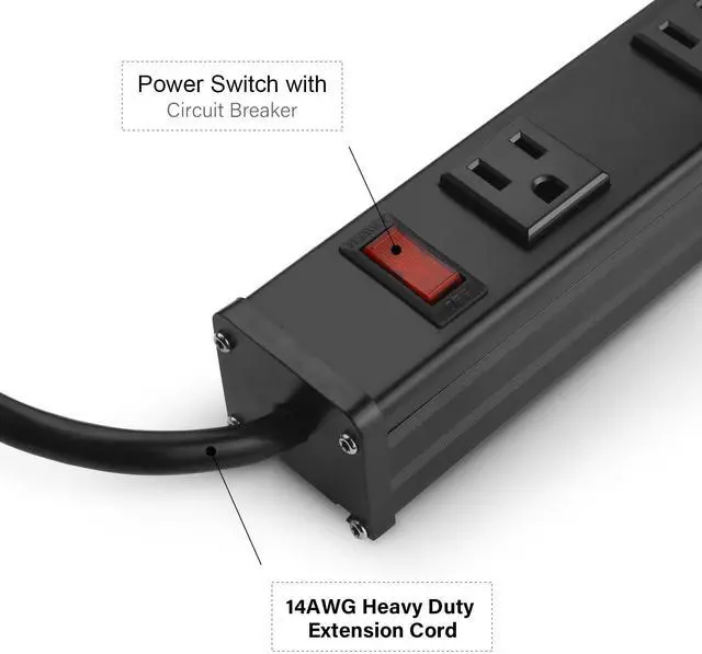 Alt view image 3 of 7 - Long Heavy Duty Metal Power Strip, 16 Outlet Large Industrial Multi Wide Strip for Garage Workshop, Extension Cord with Multiple Outlets, 15A, 125V, 1875W. 15 FT, Black.