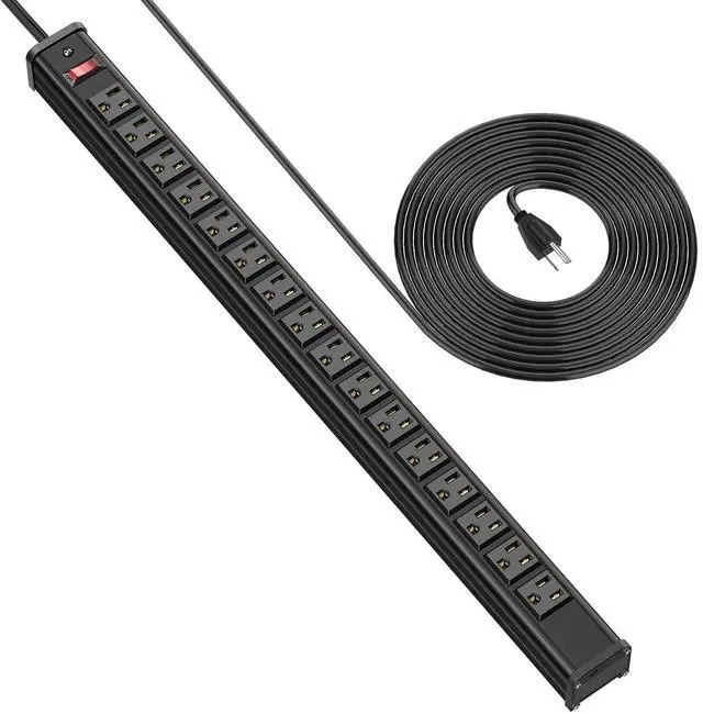 Main image of 16 Outlet Power Strips, Extra Long Power Strip with 10ft Cord, Metal Heavy Duty Power Strip Wall Mount, Garage Workshop Commercial Industrial Power Strips with Circuit Breaker Switch (Black)