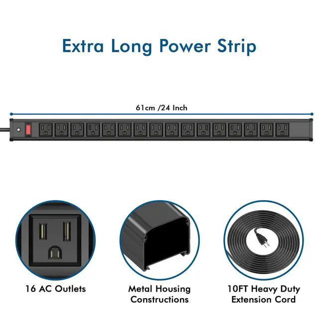 Alt view image 2 of 7 - 16 Outlet Power Strips, Extra Long Power Strip with 10ft Cord, Metal Heavy Duty Power Strip Wall Mount, Garage Workshop Commercial Industrial Power Strips with Circuit Breaker Switch (Black)