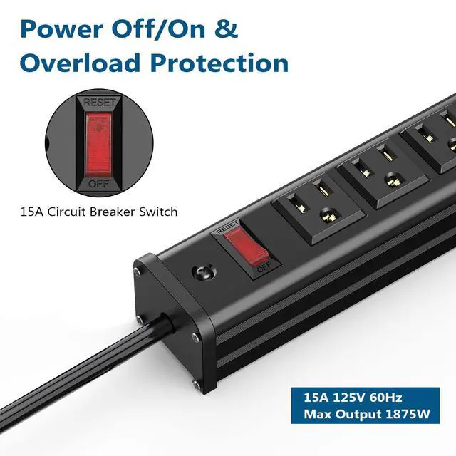 Alt view image 5 of 7 - 16 Outlet Power Strips, Extra Long Power Strip with 10ft Cord, Metal Heavy Duty Power Strip Wall Mount, Garage Workshop Commercial Industrial Power Strips with Circuit Breaker Switch (Black)