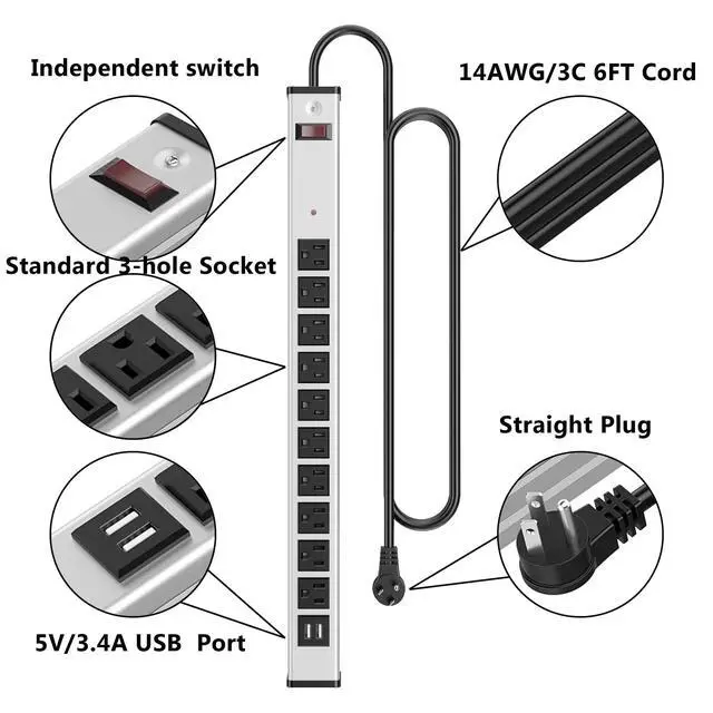 Alt view image 2 of 6 - Outlets Aluminum Power Strip Metal Socket Heavy Duty with 6 Ft Extension Cord, Workshop, Industrial, 15A, 125V, 1875W. Silver and Black