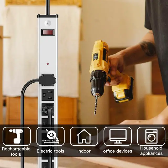 Alt view image 5 of 6 - Outlets Aluminum Power Strip Metal Socket Heavy Duty with 6 Ft Extension Cord, Workshop, Industrial, 15A, 125V, 1875W. Silver and Black