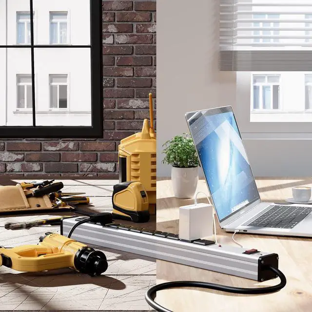 Alt view image 6 of 6 - Outlets Aluminum Power Strip Metal Socket Heavy Duty with 6 Ft Extension Cord, Workshop, Industrial, 15A, 125V, 1875W. Silver and Black