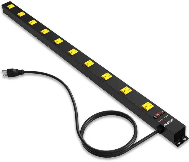 Main image of 10 Outlet Long Power Strip Wide Spaced Metal Power Strip with 4FT Cord | Heavy Duty Industrial Power Strip for Work Bench Garage Shop, Overload 2100J Protection Switch, ETL Listed (15A/1875W), Black