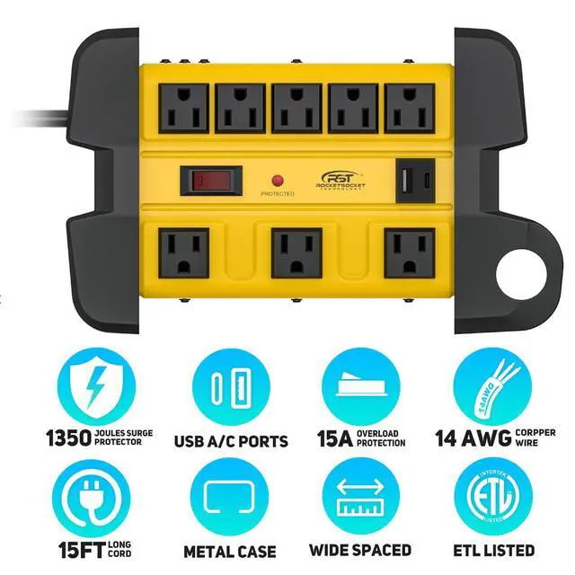 Alt view image 2 of 6 - Heavy Duty Surge Protector Power Strip with USB-C Ports, CRST 8-Outlet Metal Industrial Power Block with 15A Circuit Breaker, 15ft Extension Cord, 1350 Joules for Workshop, Garage, Office, Shop