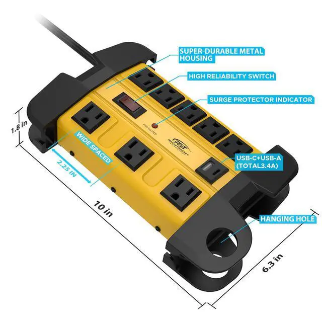 Alt view image 4 of 6 - Heavy Duty Surge Protector Power Strip with USB-C Ports, CRST 8-Outlet Metal Industrial Power Block with 15A Circuit Breaker, 15ft Extension Cord, 1350 Joules for Workshop, Garage, Office, Shop