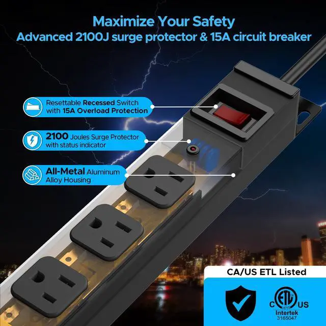 Alt view image 3 of 7 - Mountable Long Power Strip, 2100 Joules Heavy Duty Surge Protector Power Strip, Slim Metal Power Bar with 6ft 14AWG Cord, 8-Outlet, ETL Listed, for Wall Mount, Under Desk, Garage, Workshop Black-2PK
