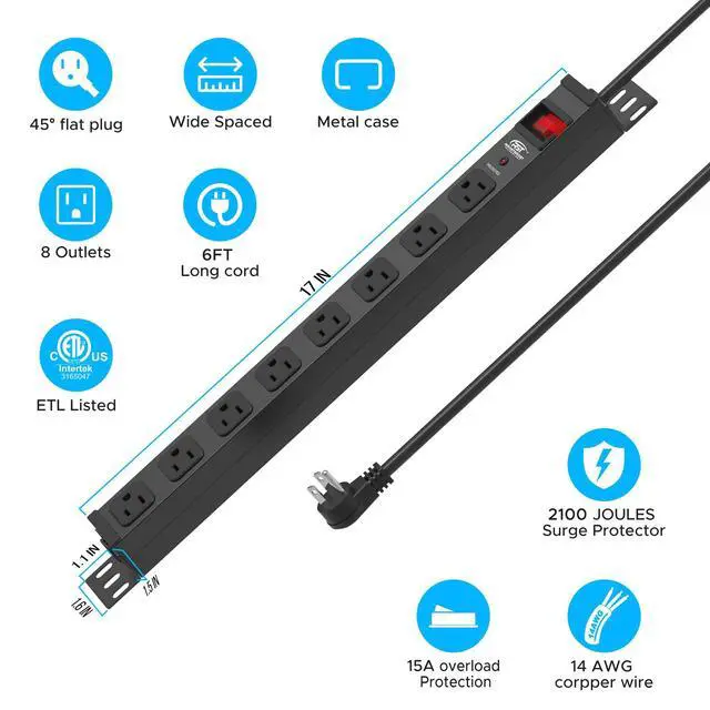 Alt view image 6 of 7 - Mountable Long Power Strip, 2100 Joules Heavy Duty Surge Protector Power Strip, Slim Metal Power Bar with 6ft 14AWG Cord, 8-Outlet, ETL Listed, for Wall Mount, Under Desk, Garage, Workshop Black-2PK