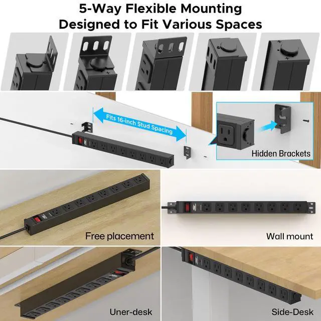 Alt view image 4 of 7 - Mountable Long Power Strip, 2100 Joules Heavy Duty Surge Protector Power Strip, Slim Metal Power Bar with 6ft 14AWG Cord, 8-Outlet, ETL Listed, for Wall Mount, Under Desk, Garage, Workshop Black-2PK