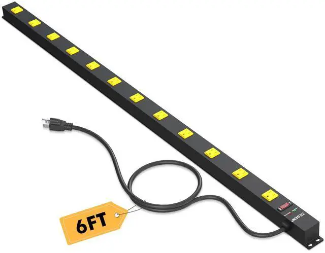 Main image of 12 Outlet Long Power Strip with 6FT Power Cord, Industrial Heavy Duty for Work Bench Shop Garage, 2100 Joules Surge Protector, Wide Spaced Outlet Power Bar, ETL Certified, Black