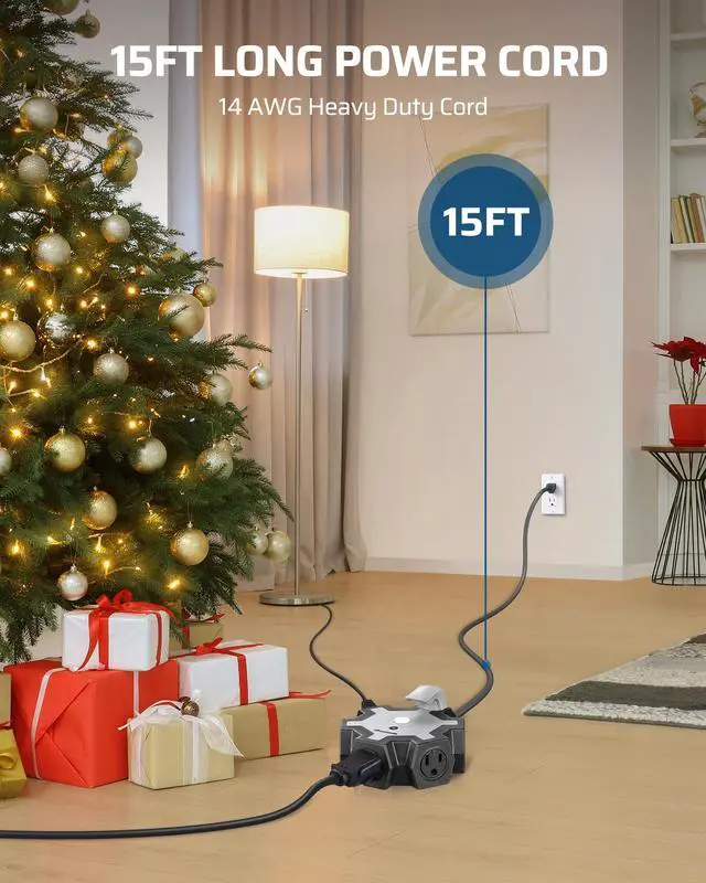 Alt view image 5 of 7 - Industrial Power Strip with 5-Outlet, 15FT Heavy Duty Extension Cord for Garage, Workshop, ETL Listed, 14/3 AWG SJTW, Circuit Breaker, Swivel Safety Covers