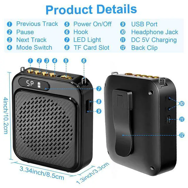 Alt view image 2 of 7 - Bluetooth Voice Amplifier for Teachers, 10W Portable Voice Amplifier with Mic Wired, Personal Microphone Headset and Speaker for Classroom, Tour Guide, Elderly, Yoga (Black)