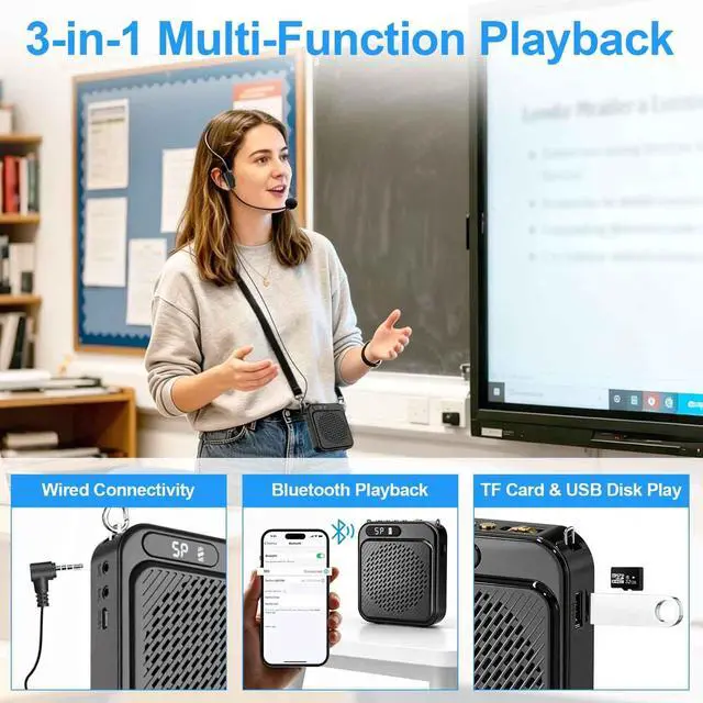 Alt view image 5 of 7 - Bluetooth Voice Amplifier for Teachers, 10W Portable Voice Amplifier with Mic Wired, Personal Microphone Headset and Speaker for Classroom, Tour Guide, Elderly, Yoga (Black)