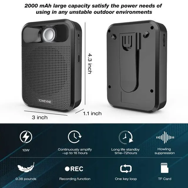 Alt view image 3 of 7 - Portable Voice Amplifier, Towevine Rechargeable Microphone for Teachers, Speaker with Headset and Waistband for Classroom, Singing, Coach, Training, Presentation, Tour Guide