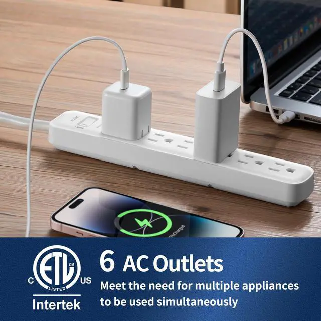 Alt view image 3 of 7 - Surge Protector Power, 6ft Extension Cord, Power Strip,for Kitchen and Office Etl Listed, White