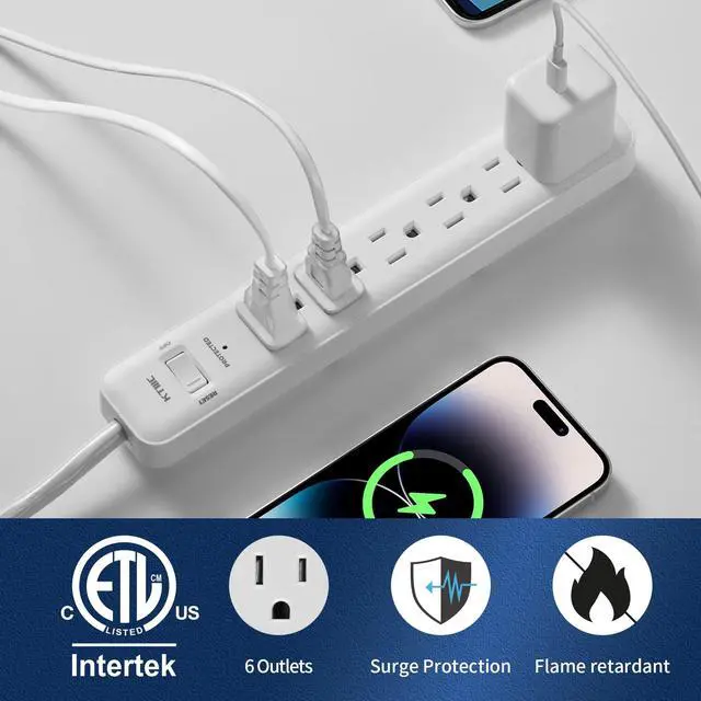 Alt view image 5 of 7 - Surge Protector Power, 6ft Extension Cord, Power Strip,for Kitchen and Office Etl Listed, White