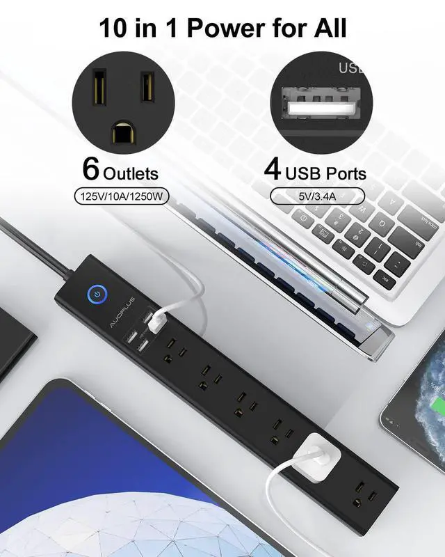 Alt view image 2 of 7 - 15 Ft Power Strip Surge Protector, 6 Outlets and 4 USB Ports, Flat Plug Power Strips Long Extension Cord with Overload Protection, Wall Mount for Home, Office, Dorm, ETL Listed