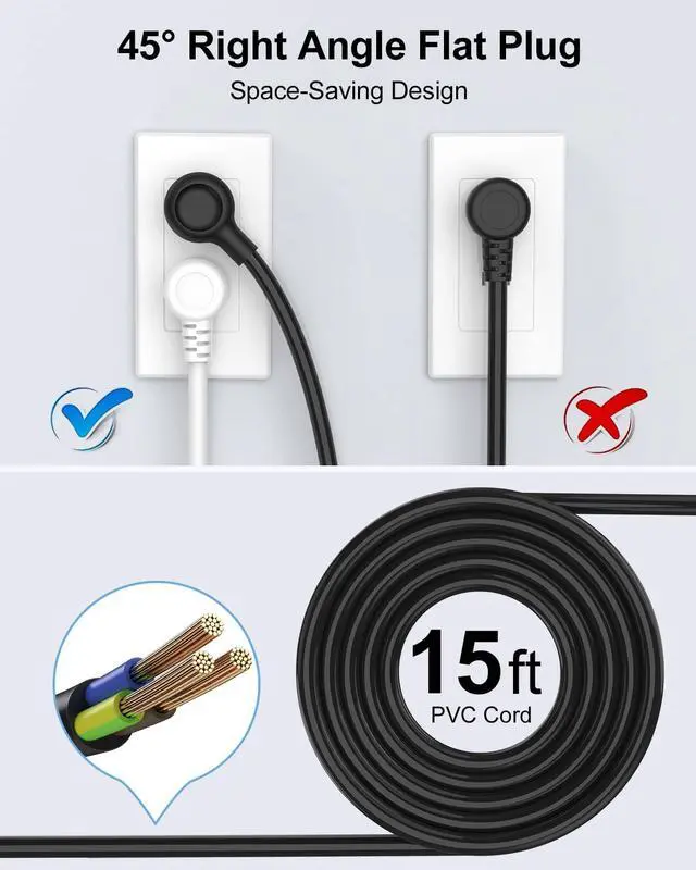 Alt view image 3 of 7 - 15 Ft Power Strip Surge Protector, 6 Outlets and 4 USB Ports, Flat Plug Power Strips Long Extension Cord with Overload Protection, Wall Mount for Home, Office, Dorm, ETL Listed